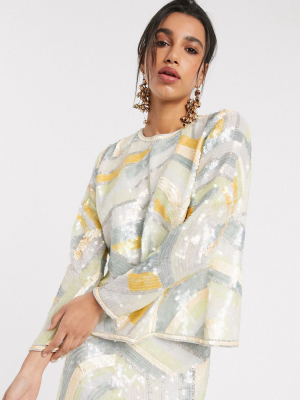 Asos Edition Split Back Top In Abstract Sequin Matching Set