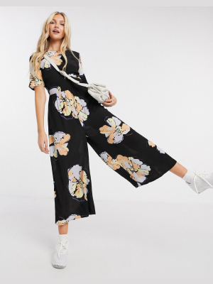 Asos Design Tea Jumpsuit With Button Back Detail In Large Floral Print