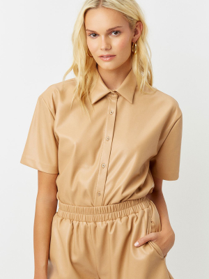 Rusty Vegan Leather Button Up Shirt - Earth