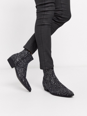 Asos Design Stacked Heel Western Chelsea Boots In Silver Glitter