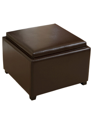 Wellington Leather Tray Top Storage Ottoman Brown - Christopher Knight Home