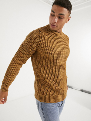 Asos Design Knitted Heavyweight Fisherman Rib Sweater In Tan