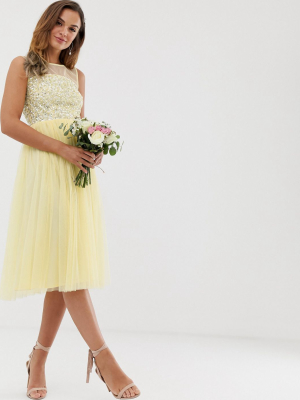 Maya Bridesmaid Mesh Top Delicate Sequin Midi Dress In Lemon