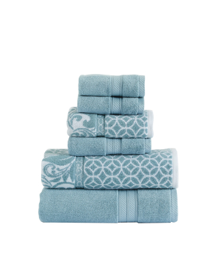 Modern Threads Reversible Yarn Dyed Jacquard 6 Piece Towel Set, Trefoil Filigree, Sterling Blue.