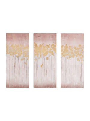 (set Of 3) 15" X 35" Twilight Forest Gel Coated Art Canvas With Gold Foil Blush