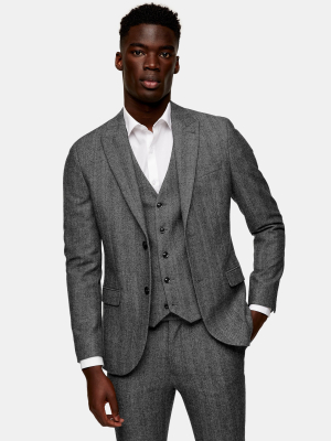 Gray Herringbone Single Breasted Skinny Suit Blazer With Peak Lapels