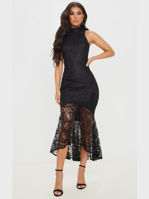 Black Lace High Neck Fishtail Midaxi Dress