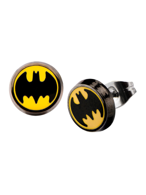 Dc Comics Batman Logo Stainless Steel Round Stud Earrings - Black/yellow