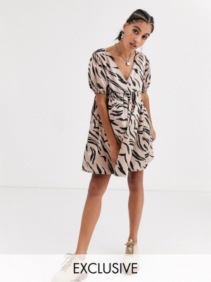 Another Reason V Neck Smock Dress In Abstract Zebra Satin