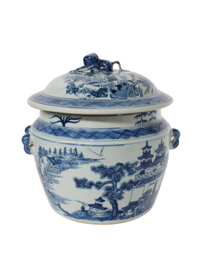 Rice Jar Landscape Motif, Blue And White