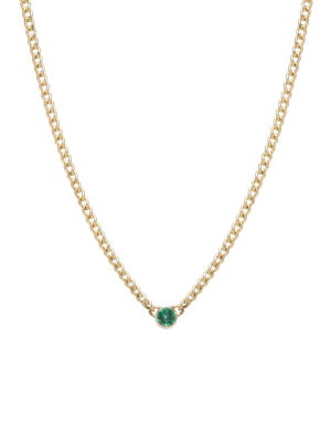 14k Extra Small Curb Chain Emerald Bezel Necklace