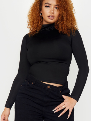 Plus Black Long Sleeve Slinky Roll Neck Top