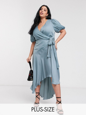 Ever New Curve Wrap Satin Hi-low Dress With Balloon Sleeve In Sage