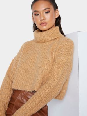 Camel Fluffy Roll Neck Slouchy Sweater