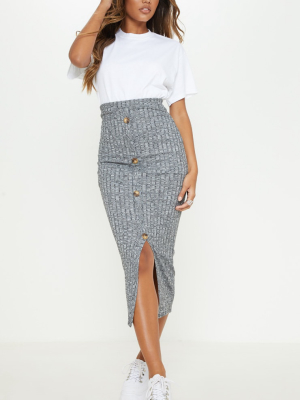Grey Marl Textured Rib Button Front Midaxi Skirt