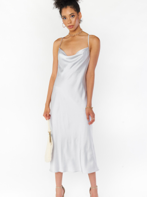 Verona Cowl Dress ~ Silver Luxe Satin