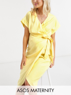 Asos Design Maternity Linen Wrap Midi Dress In Yellow