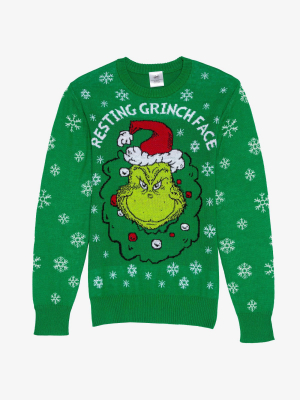 Men's Dr.seuss Resting Grinch Face Ugly Holiday Sweater - Green