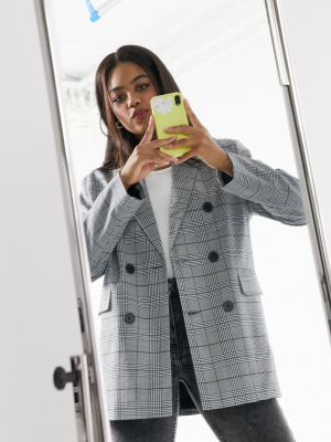 Stradivarius Double Breasted Blazer In Gray Plaid