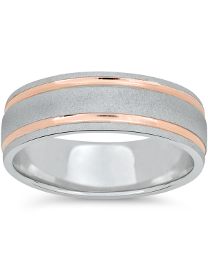 Pompeii3 Mens 14k Rose & White Gold Two Tone 7mm Brushed Wedding Band