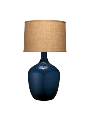 Plum Jar Table Lamp, Extra Large In Navy Blue Glass With Large Drum Shade In Natural Burlap
