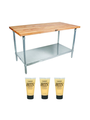 John Boos Maple Wood Top Work Table 48 X 24 X 1.5" With Adjustable Lower Shelf And Block Wooden Butcher Board Natural Moisture Cream, 5 Oz (3 Pack)