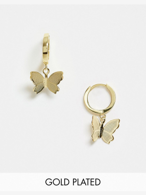 Image Gang Huggie Hoop Earrings With Butterfly Charm In 18k Gold Plate