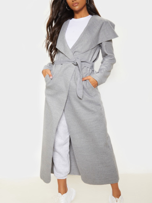 Grey Maxi Length Oversized Waterfall Belted Coat