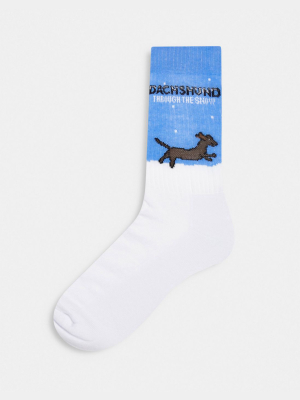 Asos Design Sport Sock With Dachshund Through The Snow Slogan