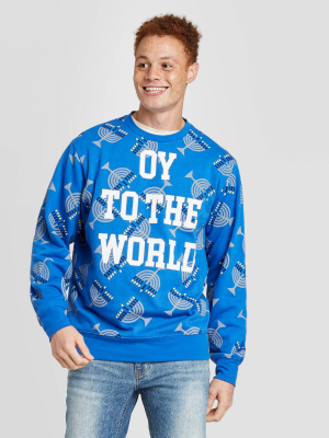 Men's 'oy To The World' Ugly Holiday And Hanukkah Sweatshirt - Royal Blue