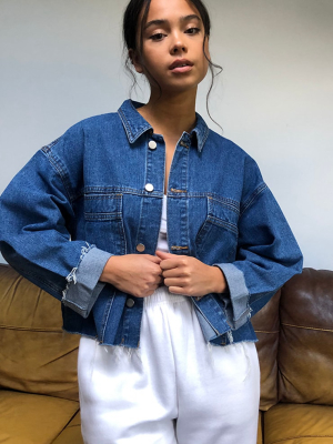 Mid Blue Wash Raw Hem Cropped Denim Jacket