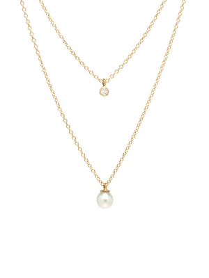 14k Layered Chain Necklace With Bezel Diamond And Dangling Pearl