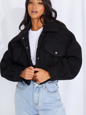 Petite Black Borg Cropped Trucker Jacket