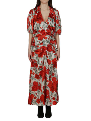 Ganni Floral Printed Gathered Midi Dress