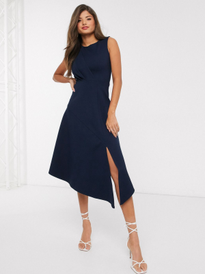 Closet London Sleeveless Midaxi Midi Dress With Fluted Hem In Navy