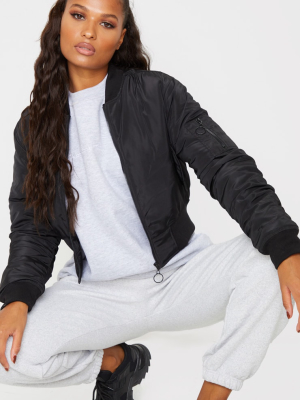 Black Nylon Cropped Ruched Sleeve Bomber