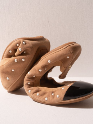 Samantha Camel Kid Suede And Patent Cap Toe Ballet Flat With Pearl Studs