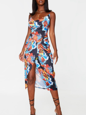 Multi Printed Satin Gathered Hip Strappy Midi...