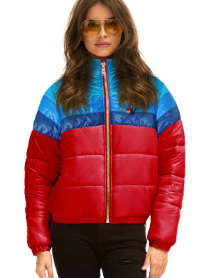 Women's Color Block Luxe Apres Puffer Jacket - Glossy Cherry