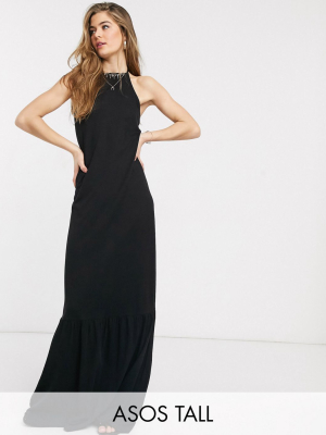 Asos Design Tall Square Neck Halter Maxi Dress With Pep Hem In Black