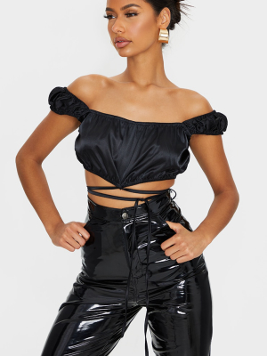 Black Satin Bardot Tie Detail Crop Top