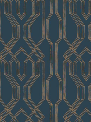 Oriental Lattice Wallpaper In Blue And Gold From The Tea Garden Collection By Ronald Redding For York Wallcoverings