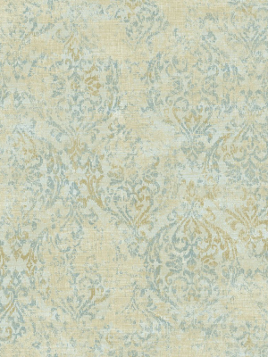 Distressed Damask Wallpaper In Sunny Blue From The Nouveau Collection By Wallquest