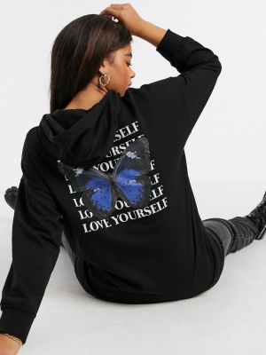 New Look Butterfly Print Longline Oversized Hoodie In Black