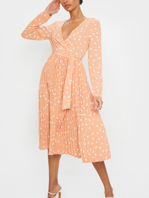 Tangerine Polka Dot Long Sleeve Pleated Midi Dress