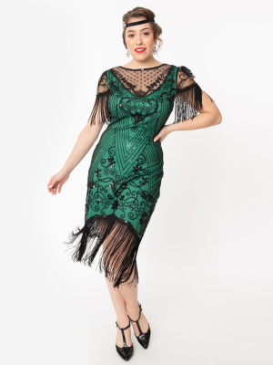 Unique Vintage 1920s Green & Black Beaded Nadine Flapper Dress