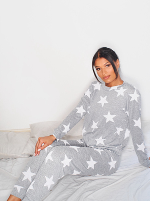 Grey And White Star Print Long Pj Set