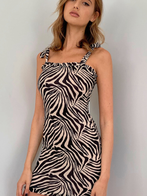 Mono Zebra Print Frill Tie Shoulder Bodycon Dress