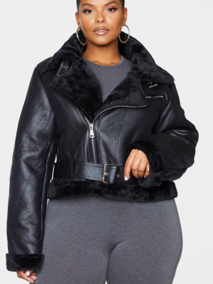 Plus Black Pu Cropped Belted Aviator