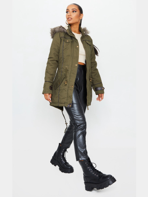 Khaki Faux Fur Hooded Twill Parka Coat